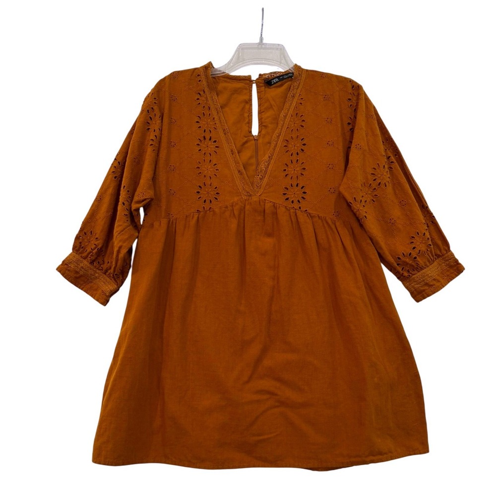 Zara Rust Brown Eyelet Lace Linen Blend Babydollβ Mini Dress Women's Large